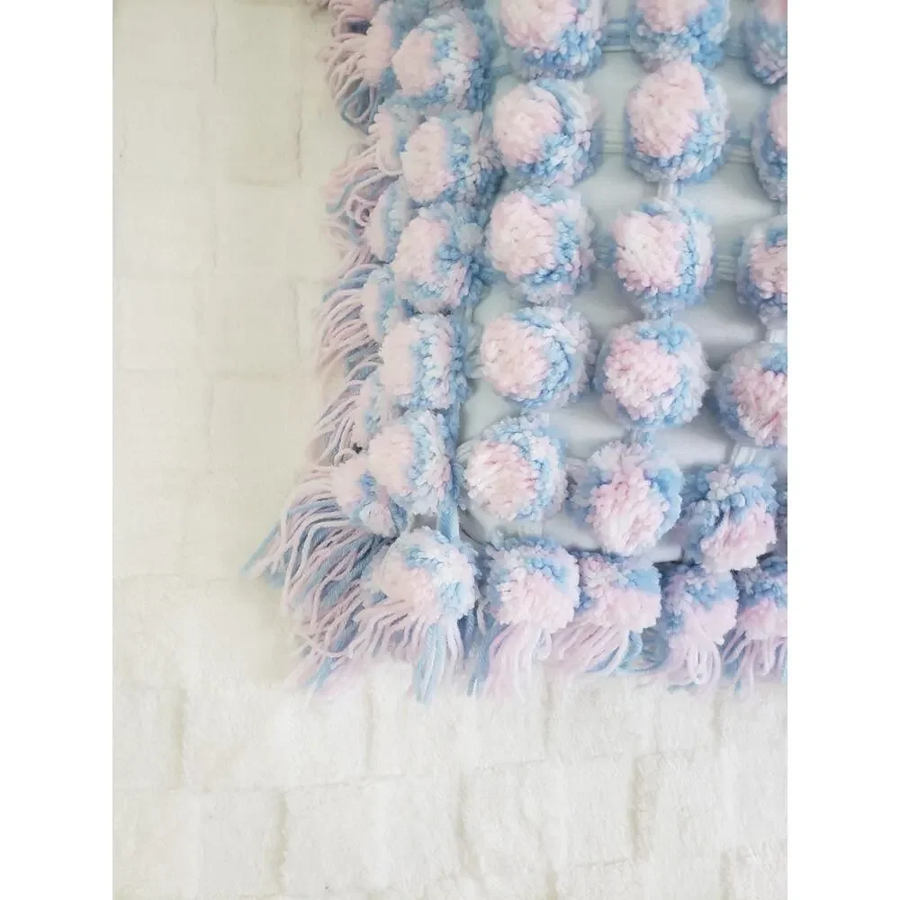 Vintage Handmade Pom-Pom Blue Pink Pillow Boho Cushion Throw Fringe Cottagecore